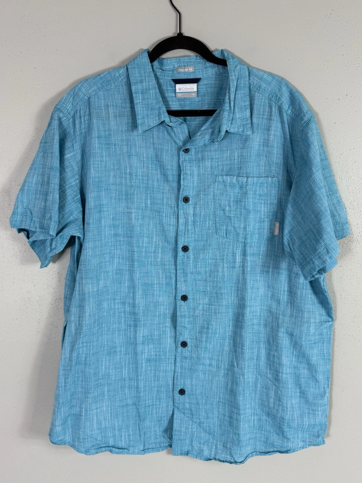 Columbia Sportswear Shirt Mens XL Blue Linen Blend Short Sleeve Button Up