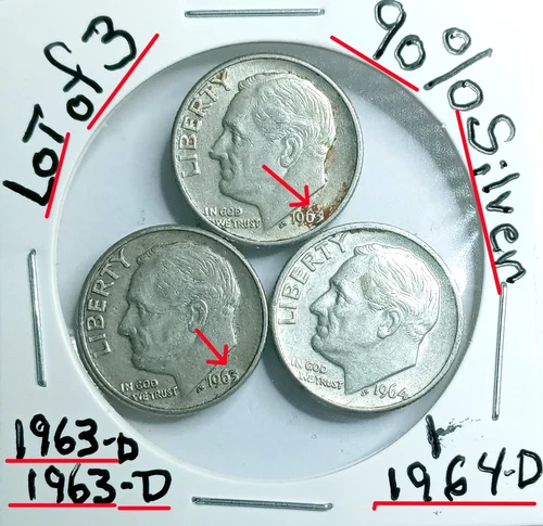 Roosevelt 90% Silver Dimes Lot of 3-1963 D 1963-D 1964-D Look @ & Judge Them  VG