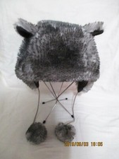WINTER HAT KIDS FAUX FUR EAR FLAPS POM POM GRAY/WHITE ONE-SIZE-FITS-ALL
