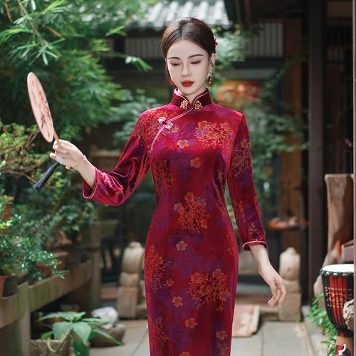 Mujeres Otoño Invierno Terciopelo Qipao Vestido Chino Largo Cheongsam Noche Fiesta Vestido - Imagen 11 de 17