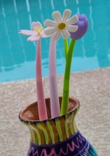 Flower PENS Set of 3 with cloth bag light activated soft top NEW z