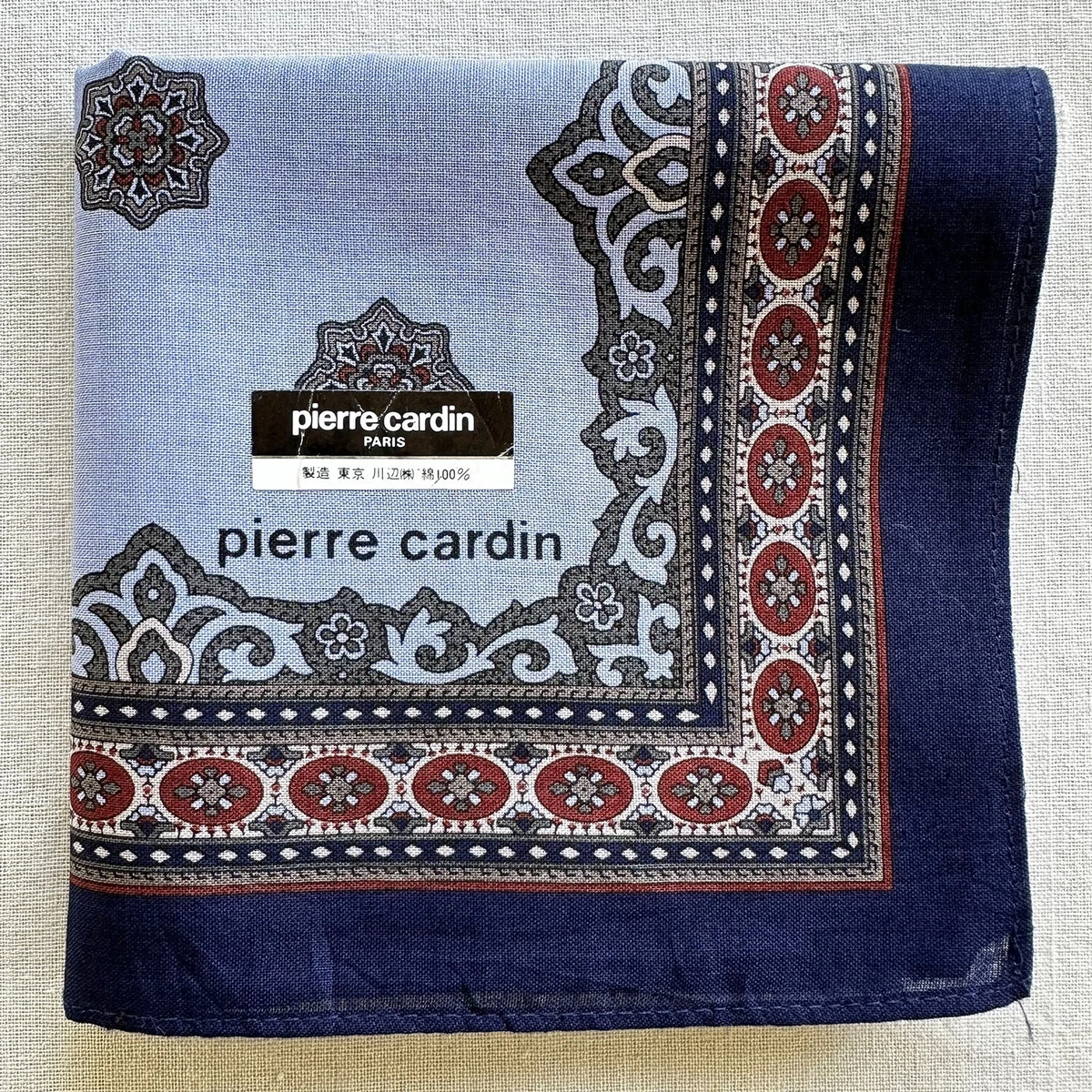 Mens Handkerchief VTG Geometric Gray Red Classic Pocket Square Blue Cotton 18"