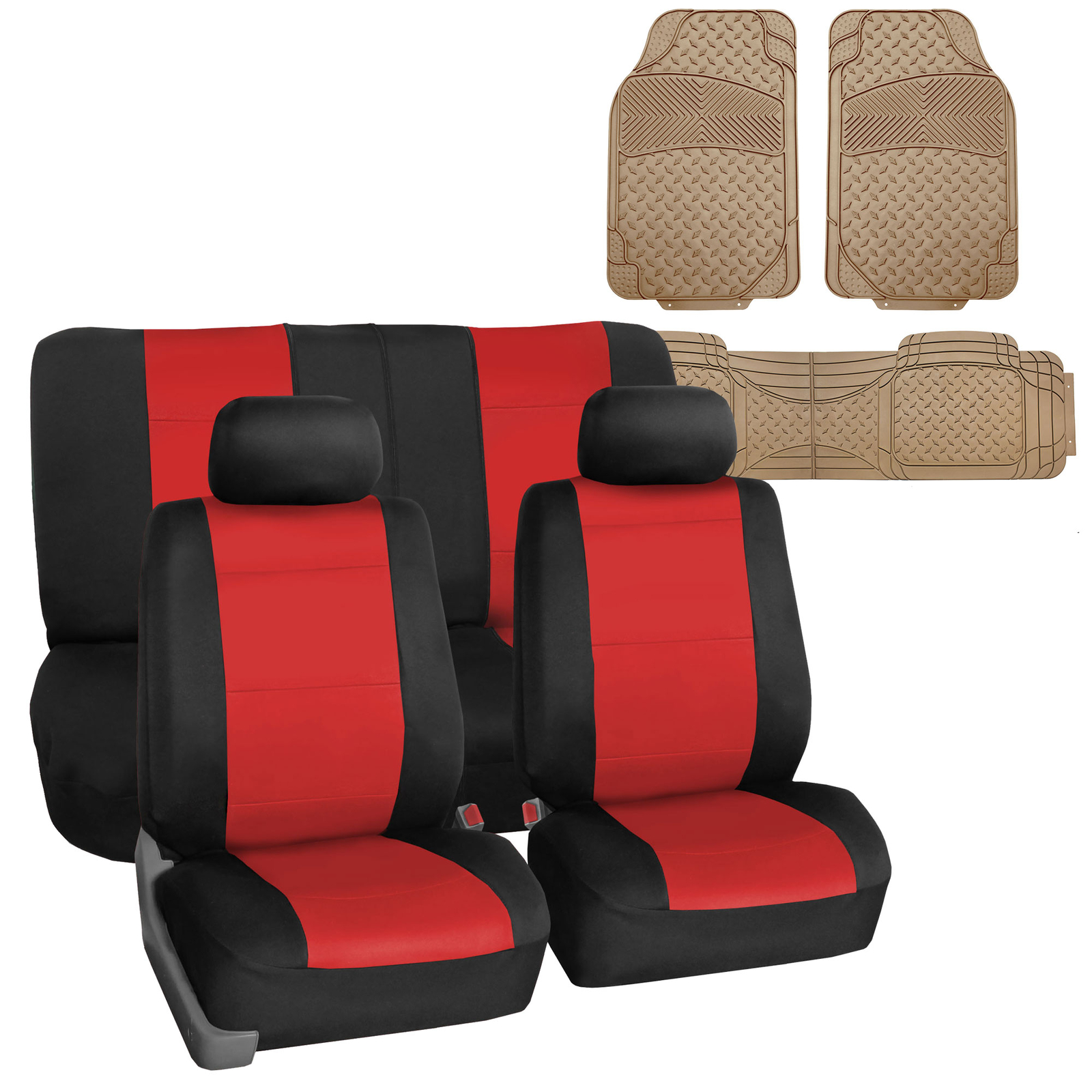 Neoprene Car Van Seat Covers Red for Auto SUV Car Van w/ Black Heavy Duty Mats