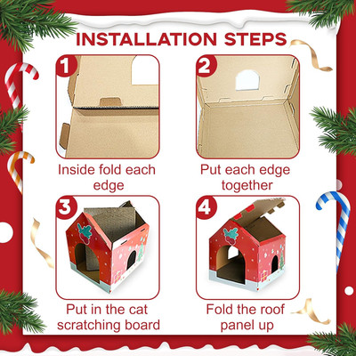 Christmas Cardboard Cat House with Scratching Pad (15''X12''X15'') Cat Play Hous...