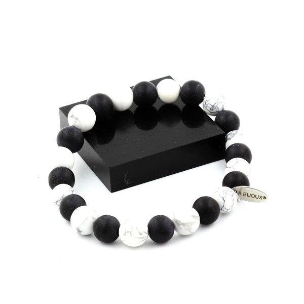Steine Und MinéRaux. Armband Perlen Howlith + Schwarz Onyx Matt 8 Mm. Made In-image