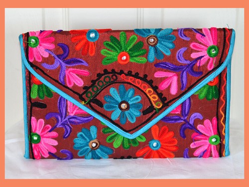 Mirror work Wool Embroidery Cotton Burgundy Purse Clutch Shoulder Bag from India - Picture 2 of 6