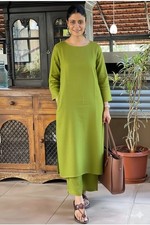 Indian Pakistani Cotton Slub Top Kurta Set Women Designer Ethnic Kurti Pant Set