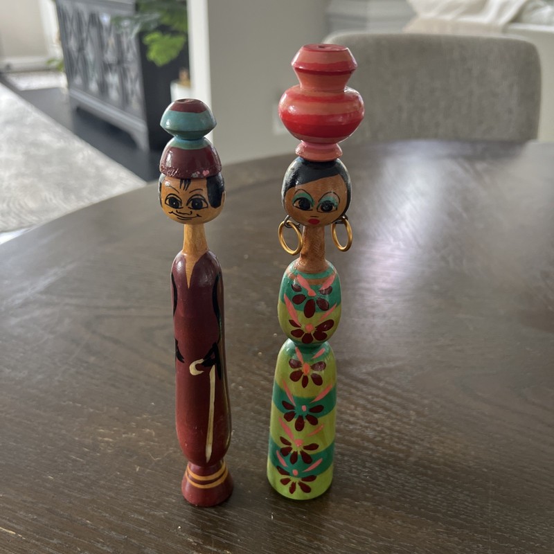 Wooden Dowel Artisanal Middle Eastern Peg Doll 8-9” Tall Folk Art