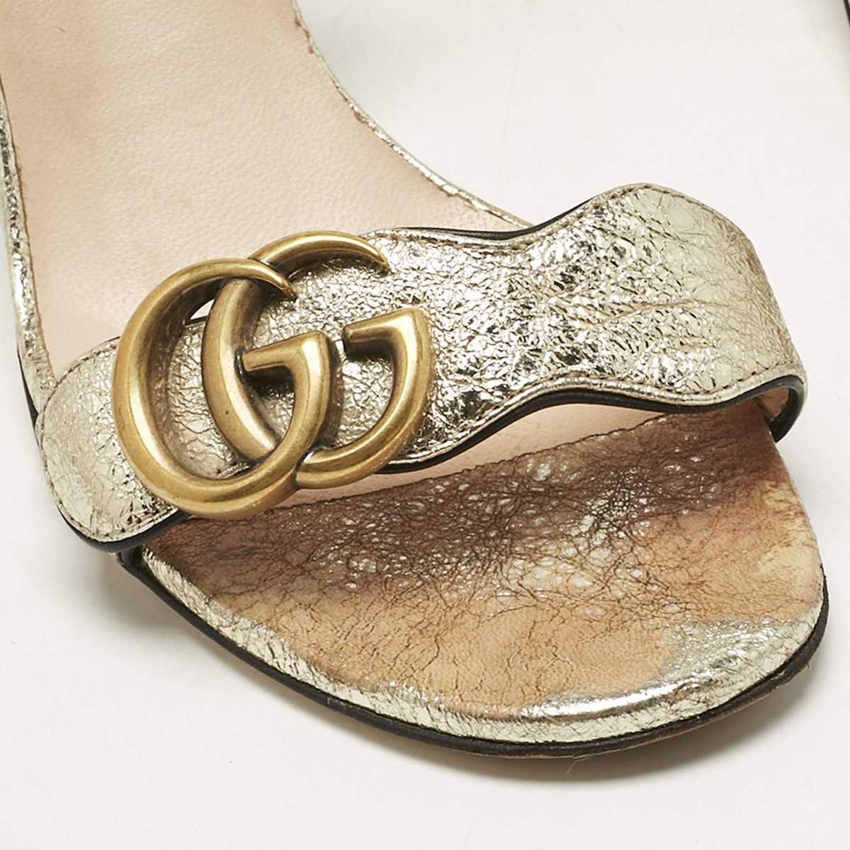 Gucci Metallic Gold Leather GG Marmont Ankle Strap Block Heel