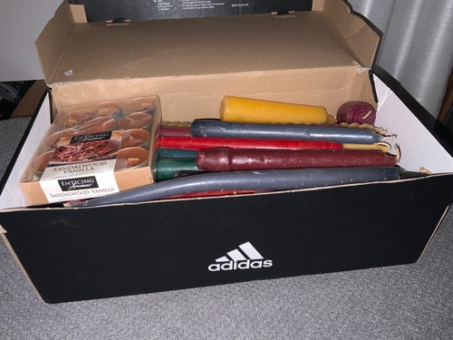 Box of Vintage Wax Candles of Various Color & Size