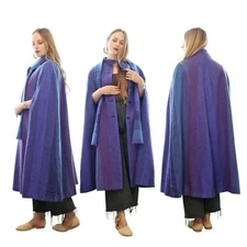 Avoca Collection VTG Blue Purple Striped Wool Cape Coat Poncho Cloak Medium