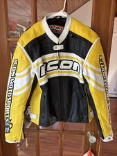 Icon Motorsport Daytona Leather Jacket Size M Yellow Black Motorcycle Jacket