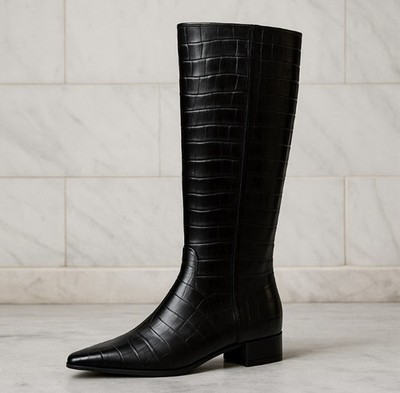 Gianni Bini Woman s Sharri Crocodile Embossed Leather Tall Black Boots Sz 6.5