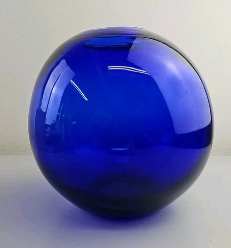 Blenko Cobalt Blue 8” Bowl Vase Ornament Art Glass Globe Round Ball Sphere MCM