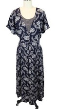 Vintage 90s Layerd Look Floral Rayon Maxi Dress Size 11/12 Navy White S Roberts