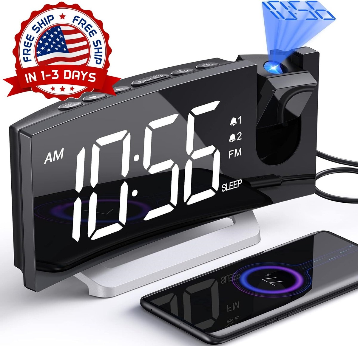Reloj Despertador LED Proyector Digital Inteligente Para Mesa De Noche  Alarma US