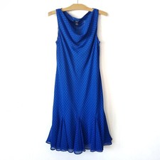 Chaps Womens 12 Polkadot Godet Dress Retro Pinup Draped Sleeveless Blue
