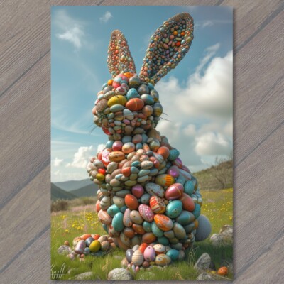 POSTCARD Bunny Rabbit Made Easter Eggs Fun Strange Colorful Unreal Cute ...
