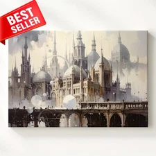 Canvas White Silver Spire Utopia Fantasy Cityscape Sleek Dreamlike Wall Art
