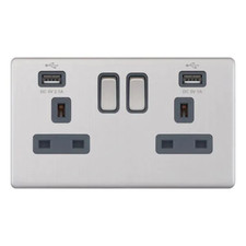 2 Gang 13 Amp Switched Socket with 2 USB Charging Ports Satin Chrome Grey Insert