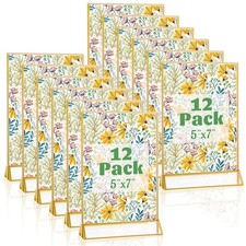 12 Pack Acrylic Sign Holder 5 x 7 Gold Picture Frames, Double Sided Flyer Dis...