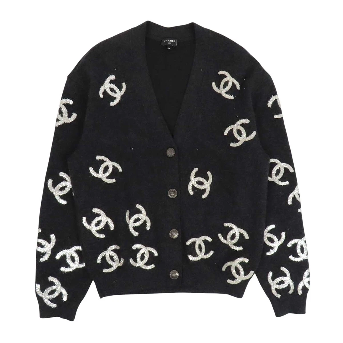 Chanel — CHANEL COCO Mark Lame Cashmere Cardigan Women black 【A】