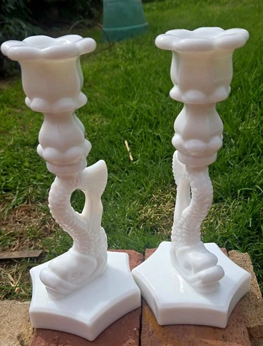 Vintage Westmoreland Milk Glass Dolphin Koi Fish Candlesticks Pair 9