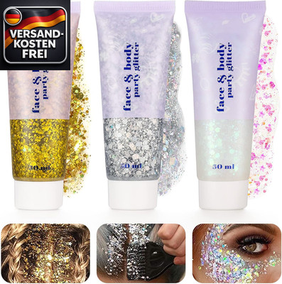 3 Stück Body Glitter Gel, Sequins Chunky Glitter Liquid Gel Für Gesicht Haare Li