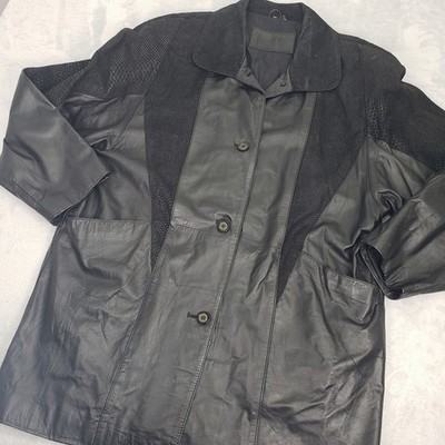 Leather Snake Texture Panel Jacket Womens XL Black Button Up Deep Welt Pockets