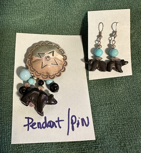 925 Sterling Silver Signed Bear Brooch Pin/Earrings w/ Black & Blue Round Beads