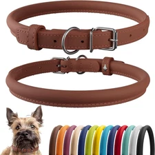 Rolled Leather Dog Collar Soft Padded Round Handmade Brown size 11'-14'