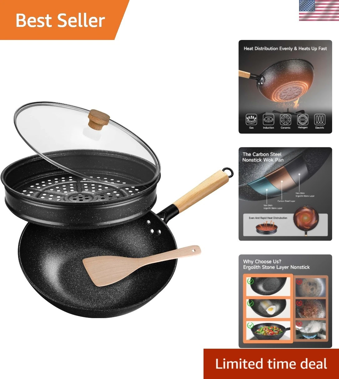 Non-Stick Wok with Steamer Basket,12 Inches Stir Fry Pans with Lid, Flat Bott...