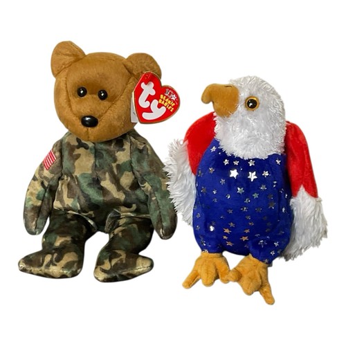 TY Beanie Babies Lot of 2 – Hero (Camo Bear) & Free (Patriotic Eagle) USA Tags