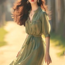 New French Women's Summer Lace Up Slim Fit Waist Cinching Green Silk Party Dress