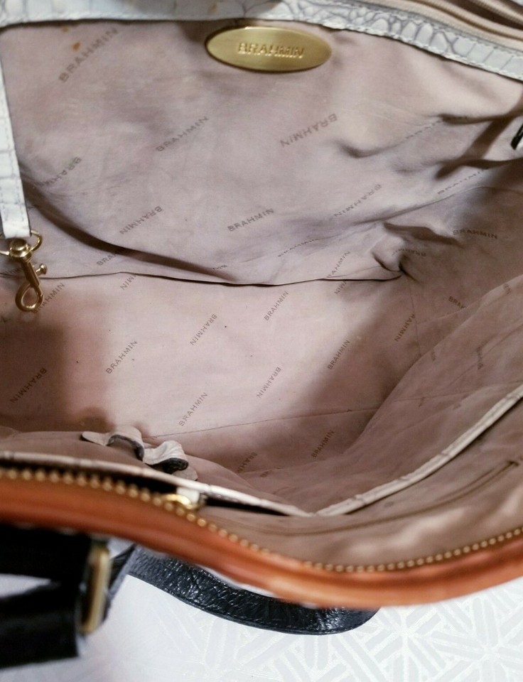 BRAHMIN MEDIUM ASHER SUGAR IVORY/BLACK MELBOURNE TRI LEATHER SHOULDER