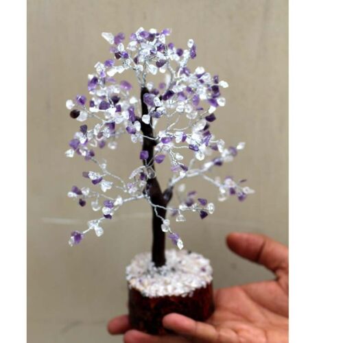 Crystal Quartz+Amethyst 300+ Gemstones SIlver Branch Money Tree Decor 10.5" JW