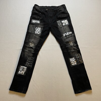 Distressed Jeans Mens 34 Punk Rock Patched Skinny Black
