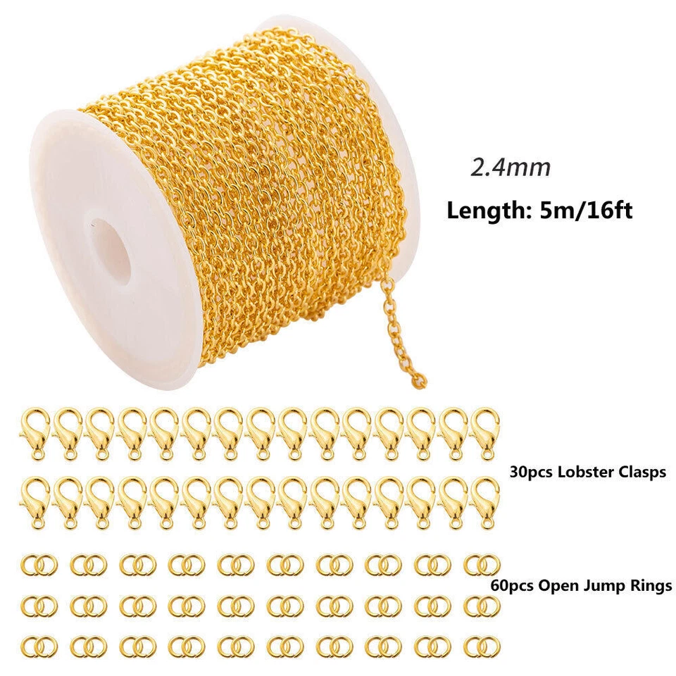 5m Necklace Chains w/ 30 Lobster Clasps 60 Jump Rings Bracelet Jewellery Making - Image 4 of 4
