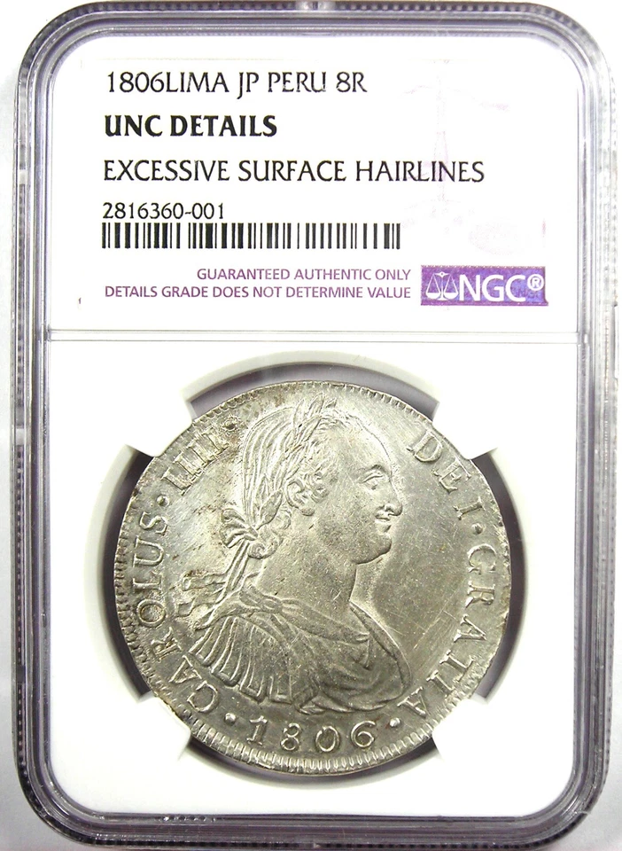 1806 Peru Charles IV 8 Reales Silver Coin 8R - NGC Uncirculated Detail (UNC MS) - Image 2 of 4