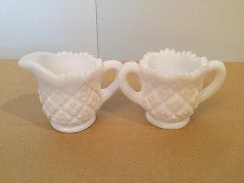 Vintage Quilted Milk Glass 2" Creamer and Sugar Bowl