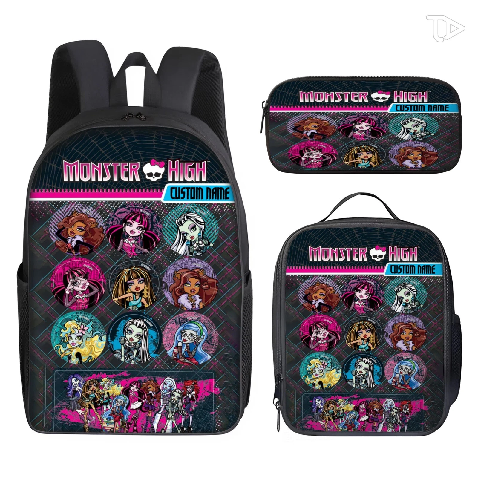 Personalized Cute Gothic Monster Badge Pattern 3-Piece Backpack Set for Kids - C