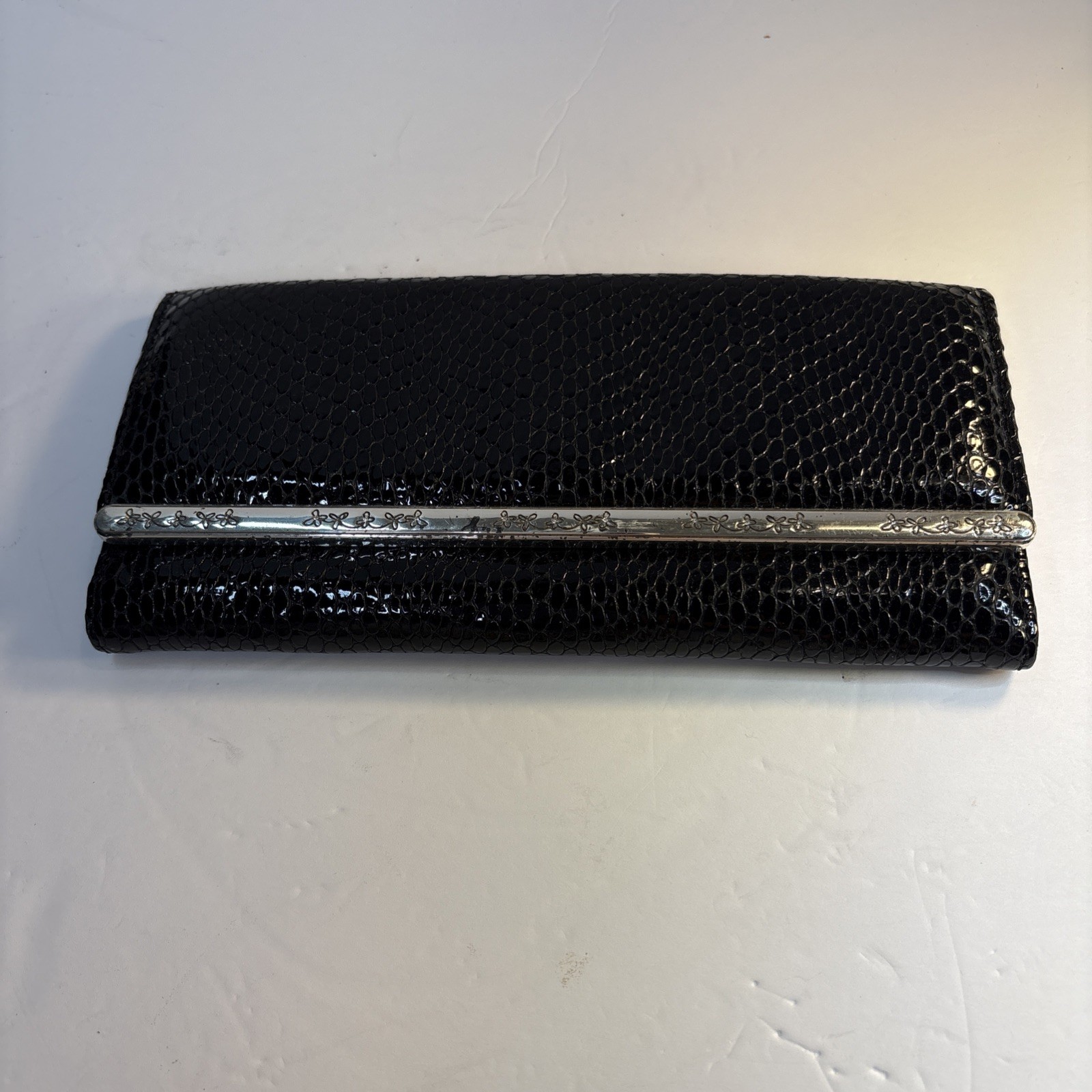 Black Brighton Patent Leather Python Embossed Clu… - image 1