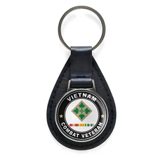 4th Infantry Division Vietnam Combat Veteran with Ribbons Black Leather Keychain