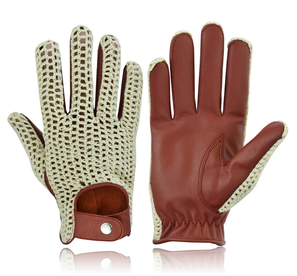 MENS CLASSIC SOFT GENUINE LEATHER GLOVES VINTAGE SUMMER COTTON MESH MITTENS BIKE - Image 4 of 4