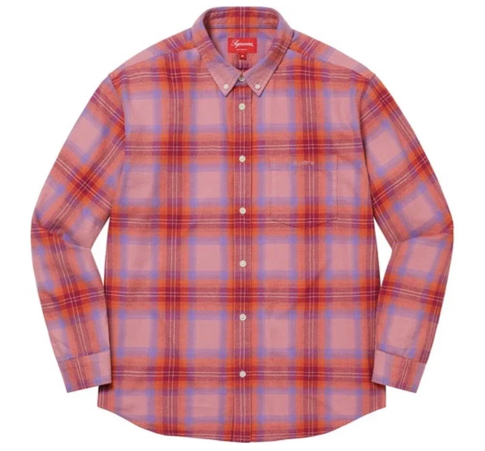 Supreme SS22 Brushed Plaid Flannel Shirt Pink Mens XL Button Down Long Sleeve
