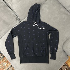 Champion Reverse Weave Navy Blue Hoodie All Over Logo Youth Large Adult Small