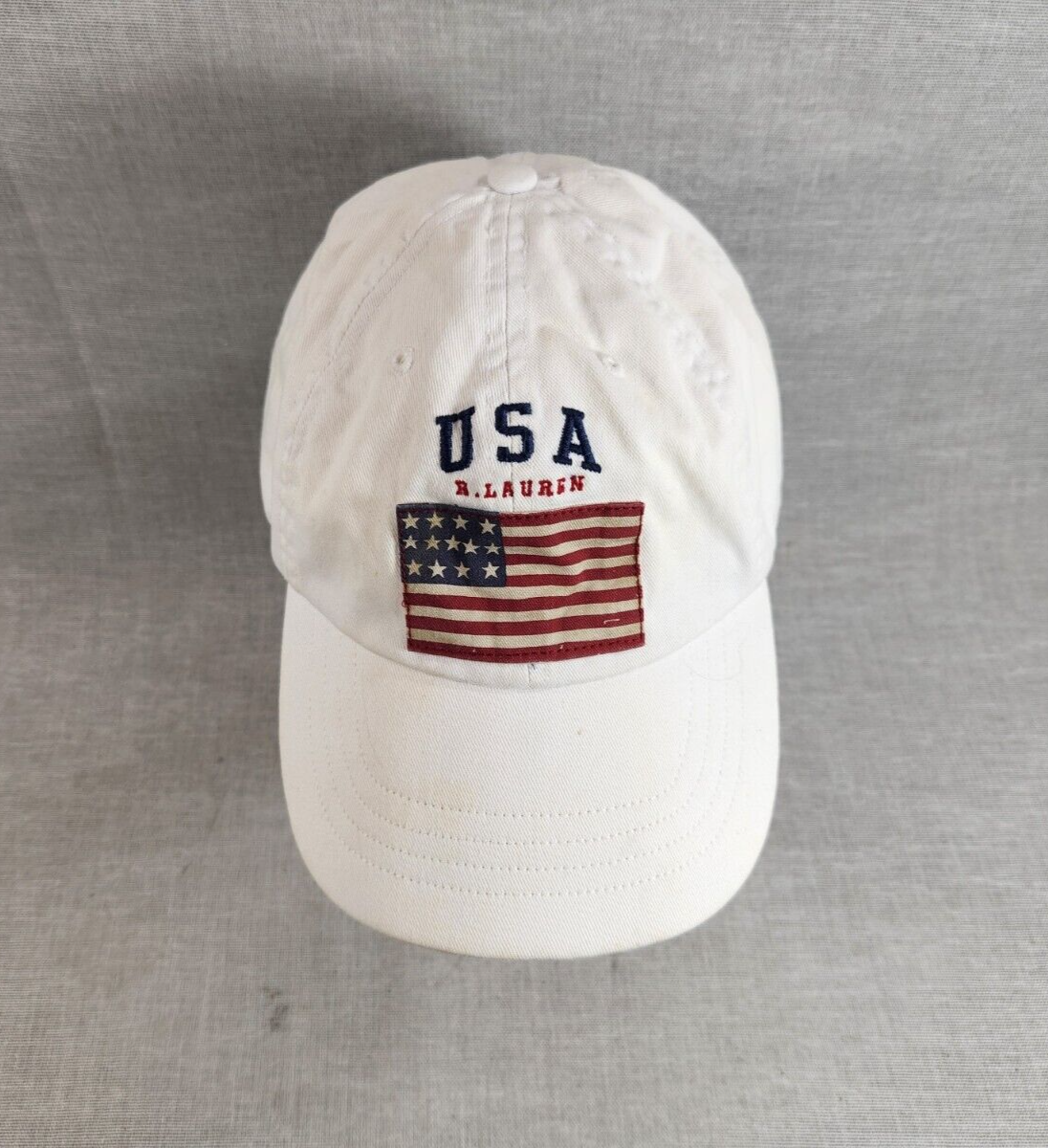 PONY Cappello berretto vintage POLO SPORT Ralph Lauren Spell Out bandiera USA fibbia anni 90 bianco raro