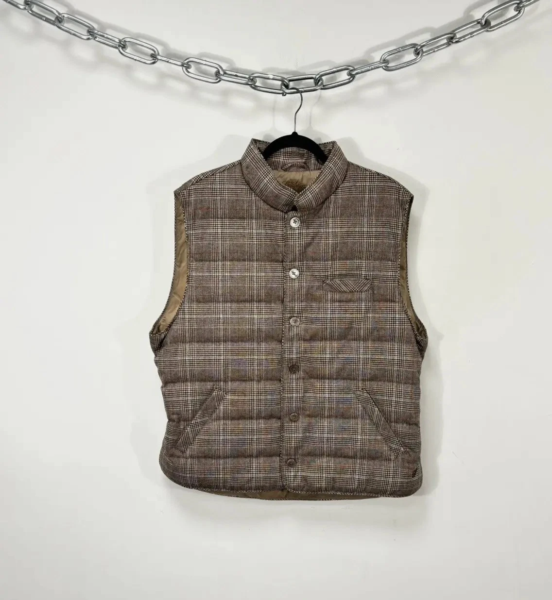 Stenstroms NWT Men’s Glen Check Padded Wool Blend Brown Down Vest Jacket XXL