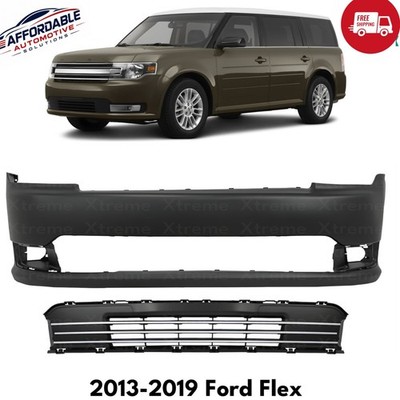 Front Bumper Cover Primed Plastic & Bumper Grille Kit For 2013-2019 Ford Flex