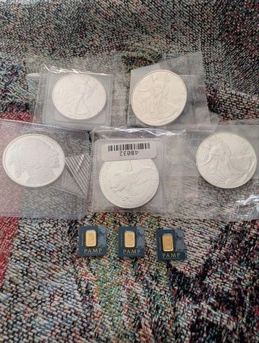 Lot of 8: (5) 1oz Silver Coins (Eagles & Buffalo) + (3) PAMP Suisse Gold Bars 3g